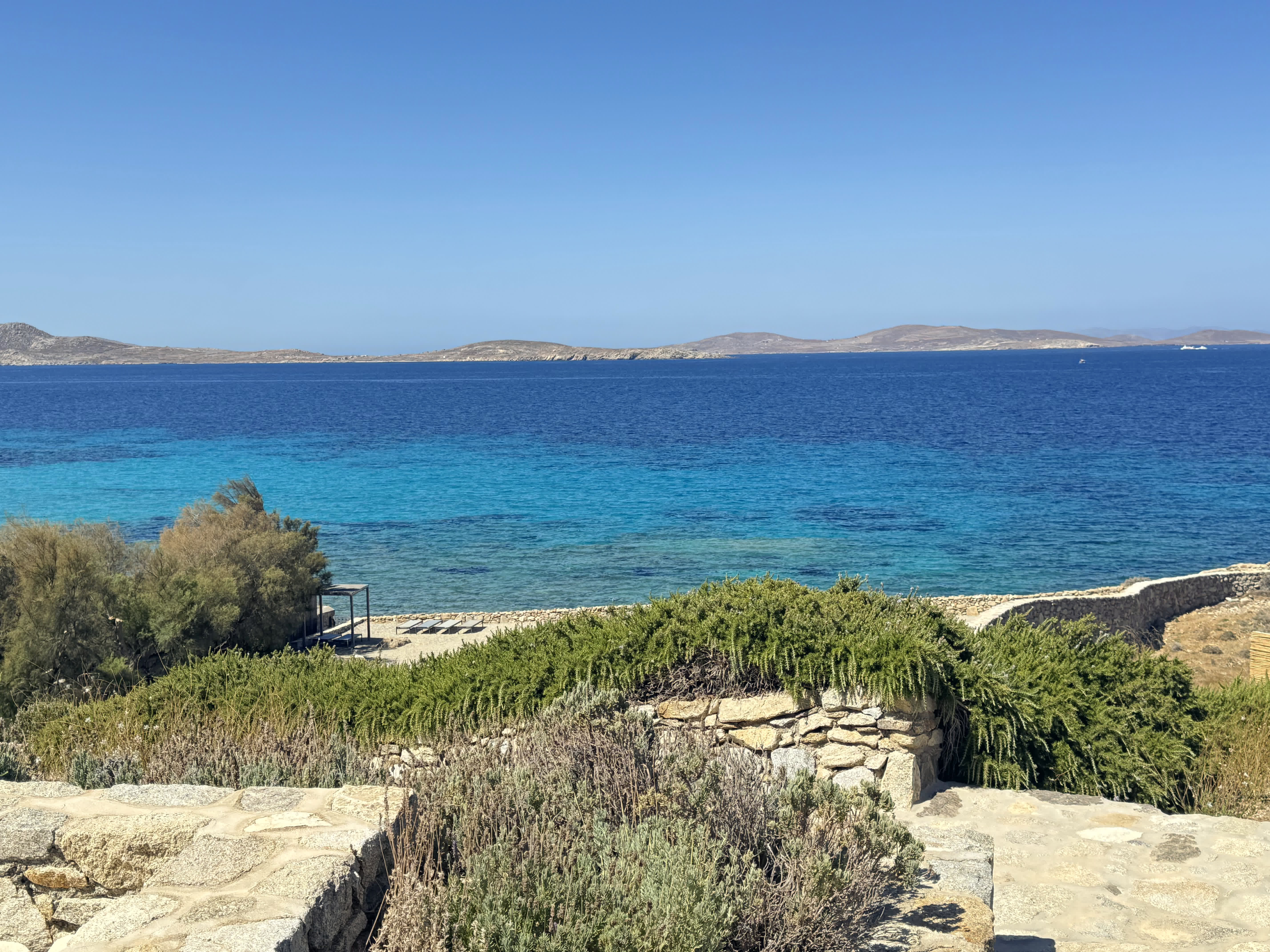 The private beach below the villa, looking toward Delos